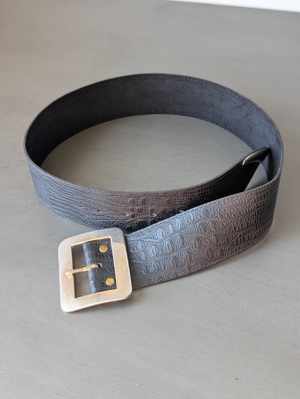 Nan Lewis Black Animal Skin Leather Belt Square Metal Buckle Size M/L Waist Belt